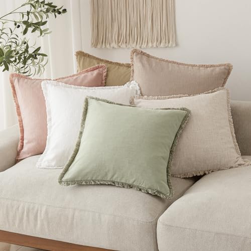 Lewcumy Decorative Linen Cushion Cover with Fringes, 66 x 66 cm