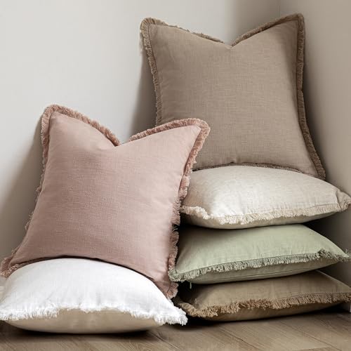 Lewcumy Decorative Linen Cushion Cover with Fringes, 66 x 66 cm
