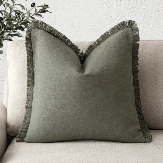 Lewcumy Linen Decorative Throw Pillow Cover with Fringe, 16 x 16 inches
