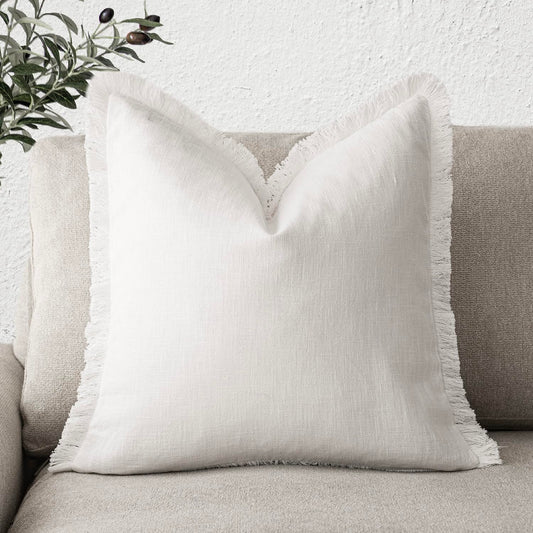 Lewcumy Linen Decorative Throw Pillow Cover with Fringe, 16 x 16 inches