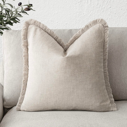Decorative Linen Throw Pillow Cover with Fringe, 16 x 16 inches